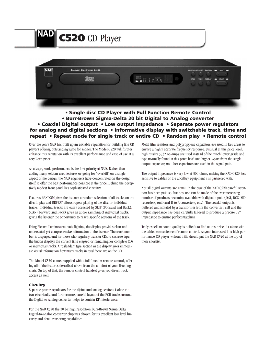 NAD manual C520 CD Player, Circuitry 