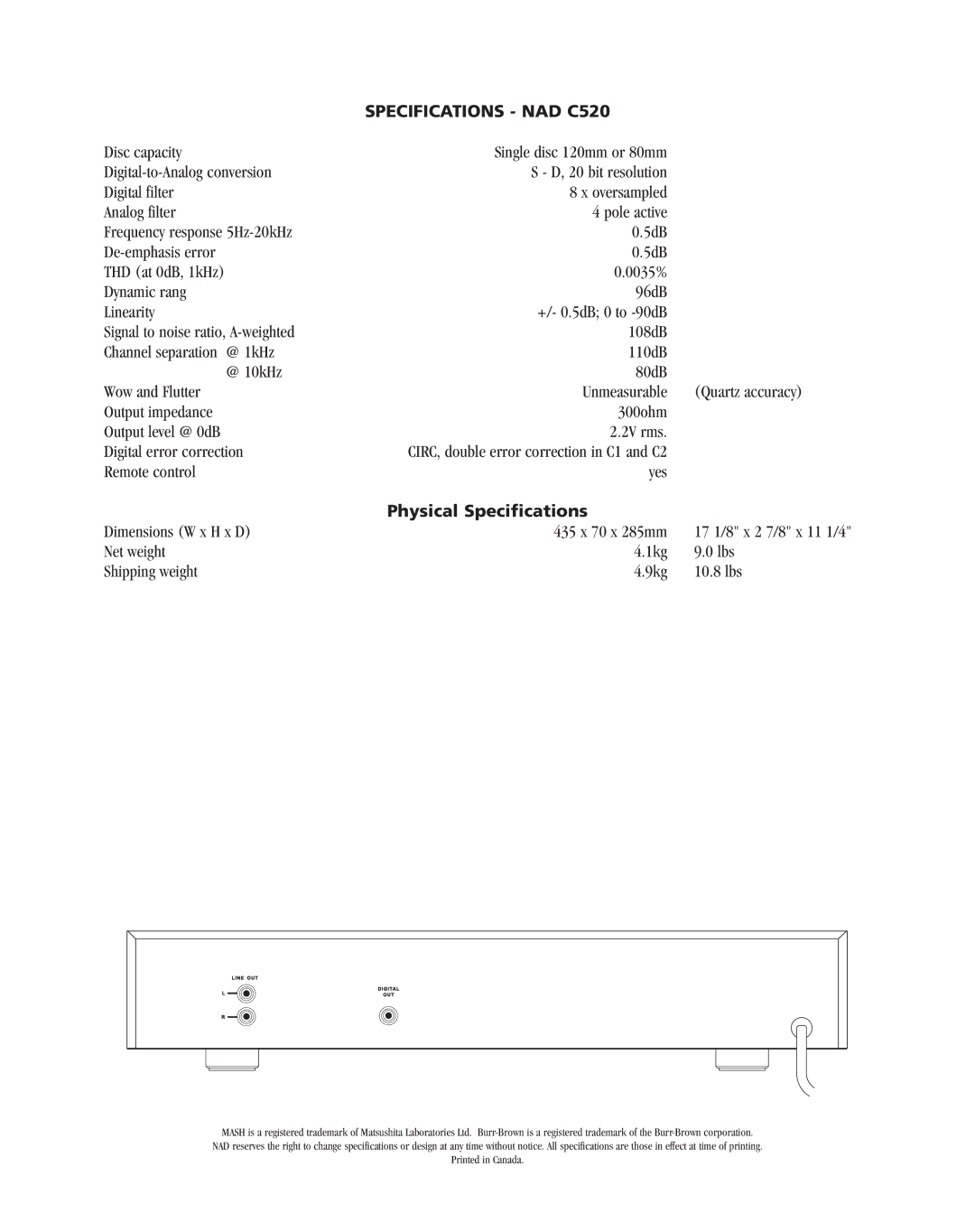 NAD manual Specifications NAD C520, Physical Specifications, Dimensions W x H x D 435 x 70 x 285mm 