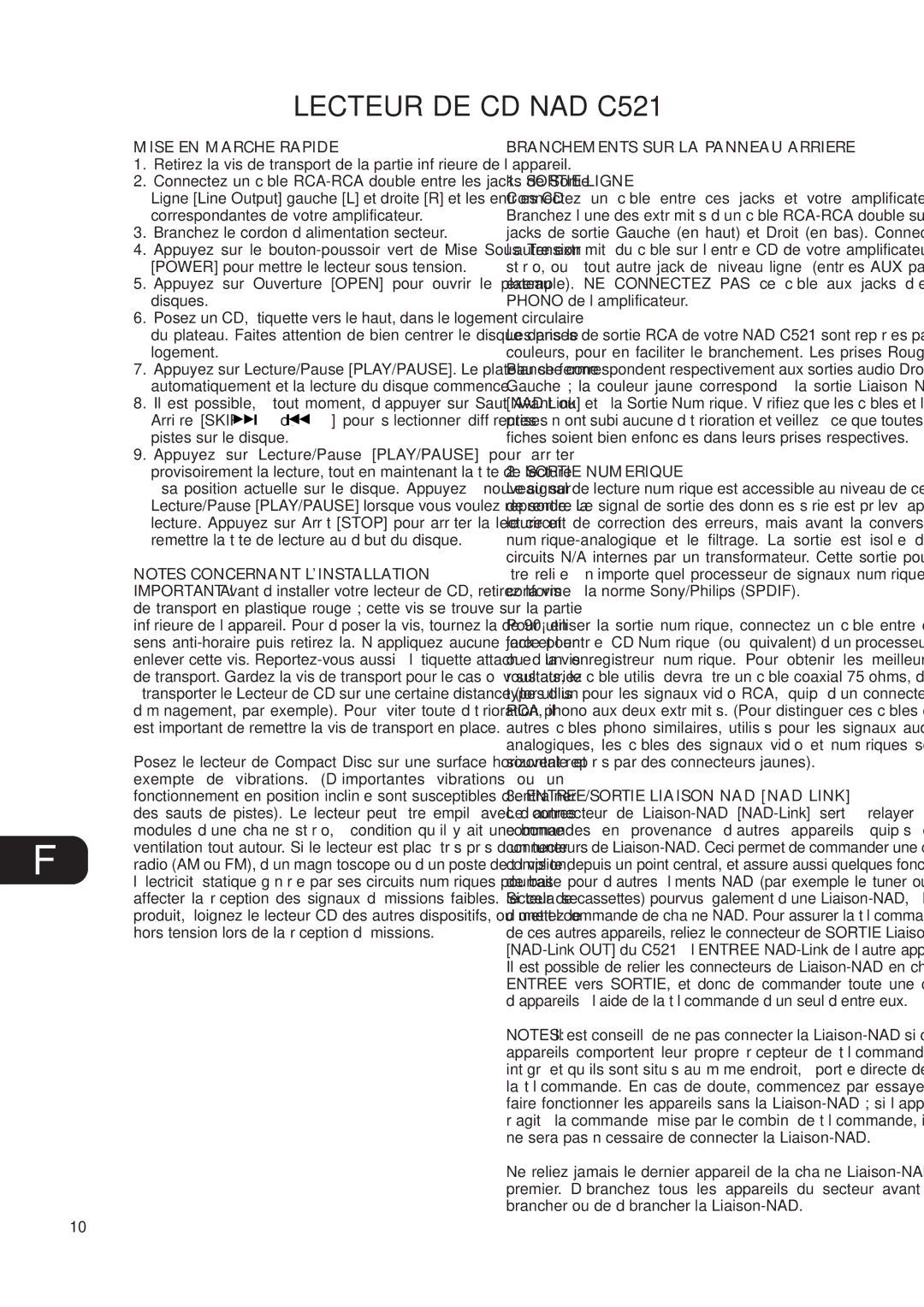 NAD Lecteur DE CD NAD C521, Mise EN Marche Rapide, Branchements SUR LA Panneau Arriere Sortie Ligne, Sortie Numerique 