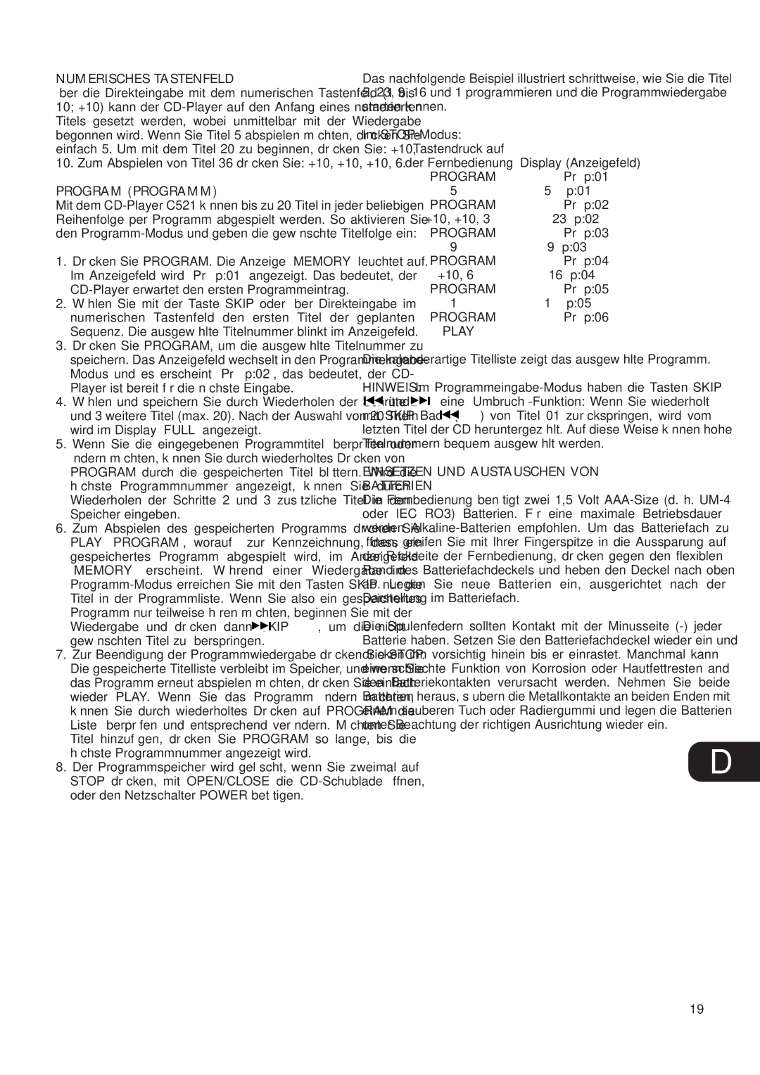 NAD C521 owner manual Numerisches Tastenfeld, Program Programm, Einsetzen UND Austauschen VON Batterien 