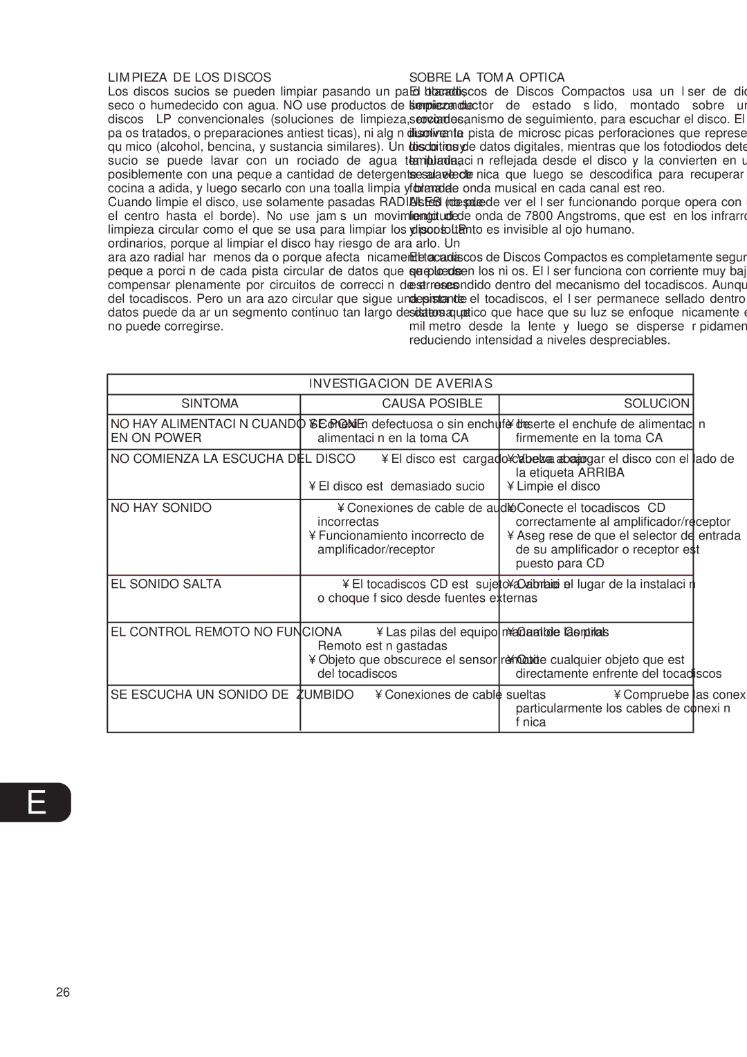 NAD C521 owner manual Limpieza DE LOS Discos, Sobre LA Toma Optica, Investigacion DE Averias 