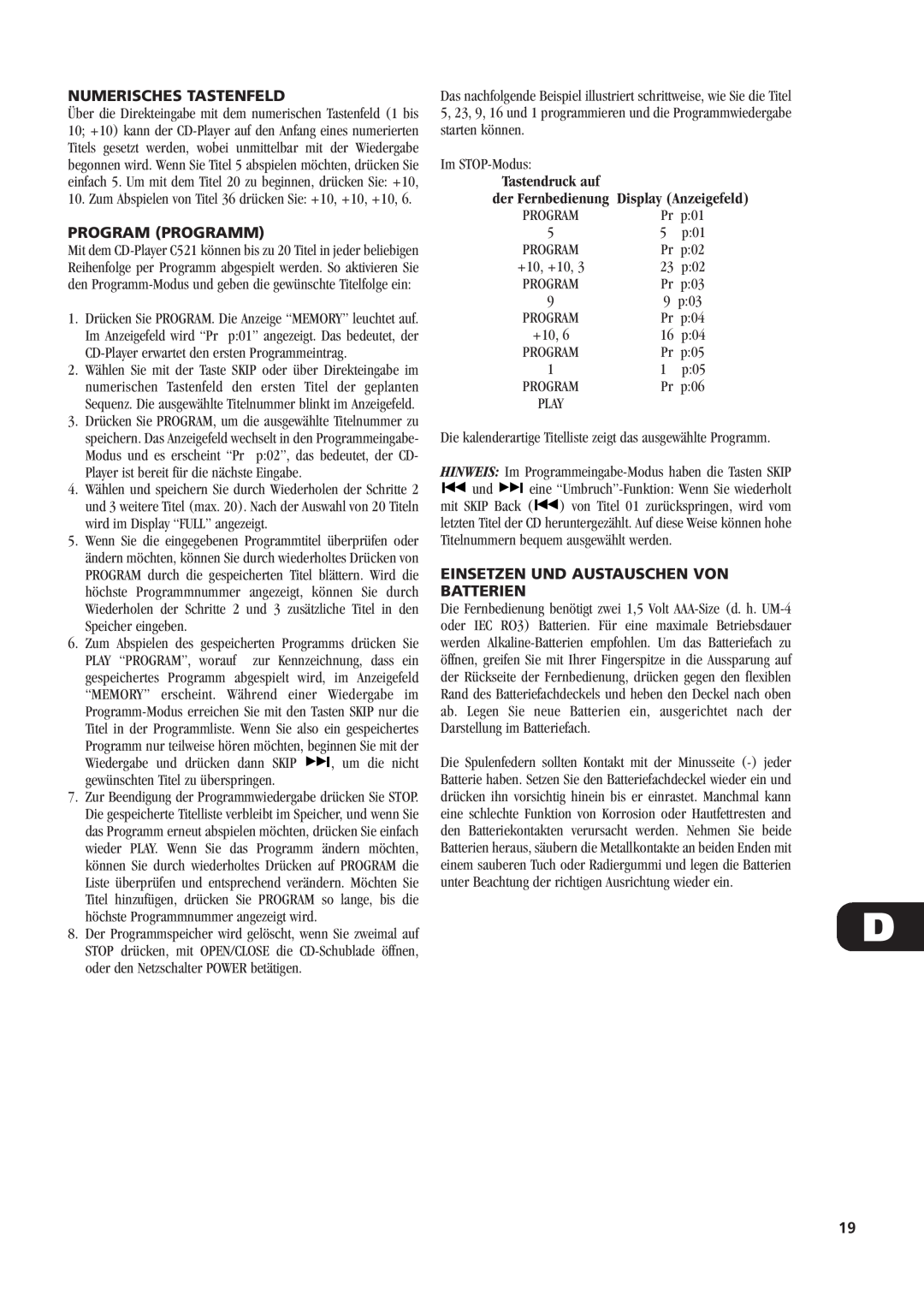 NAD C521 owner manual Numerisches Tastenfeld, Program Programm, Einsetzen Und Austauschen Von Batterien 