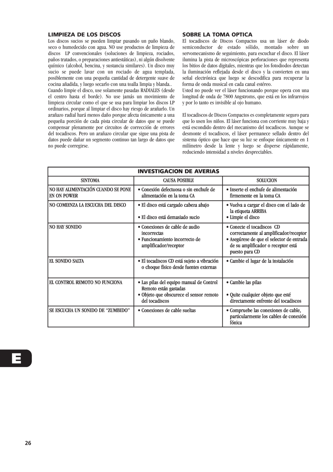 NAD C521 owner manual Limpieza De Los Discos, Sobre La Toma Optica, Investigacion De Averias 
