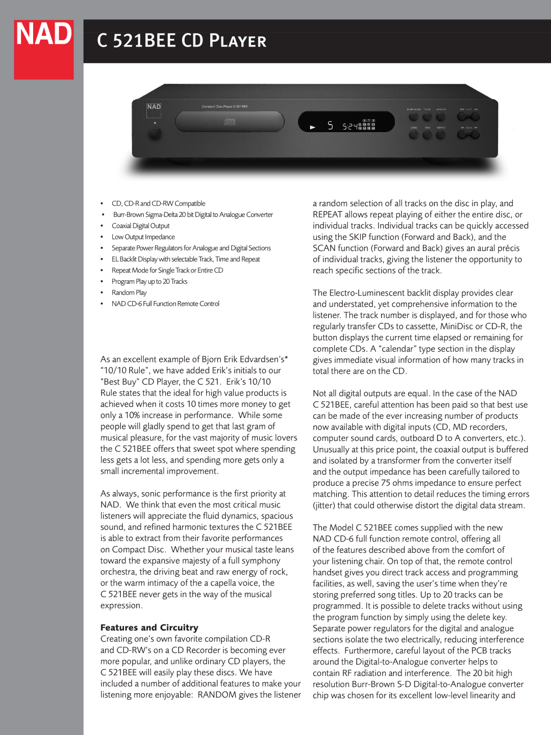 NAD C521BEE manual 521BEE CD Player, 521BEE never gets in the way of the musical Expression, Features and Circuitry 