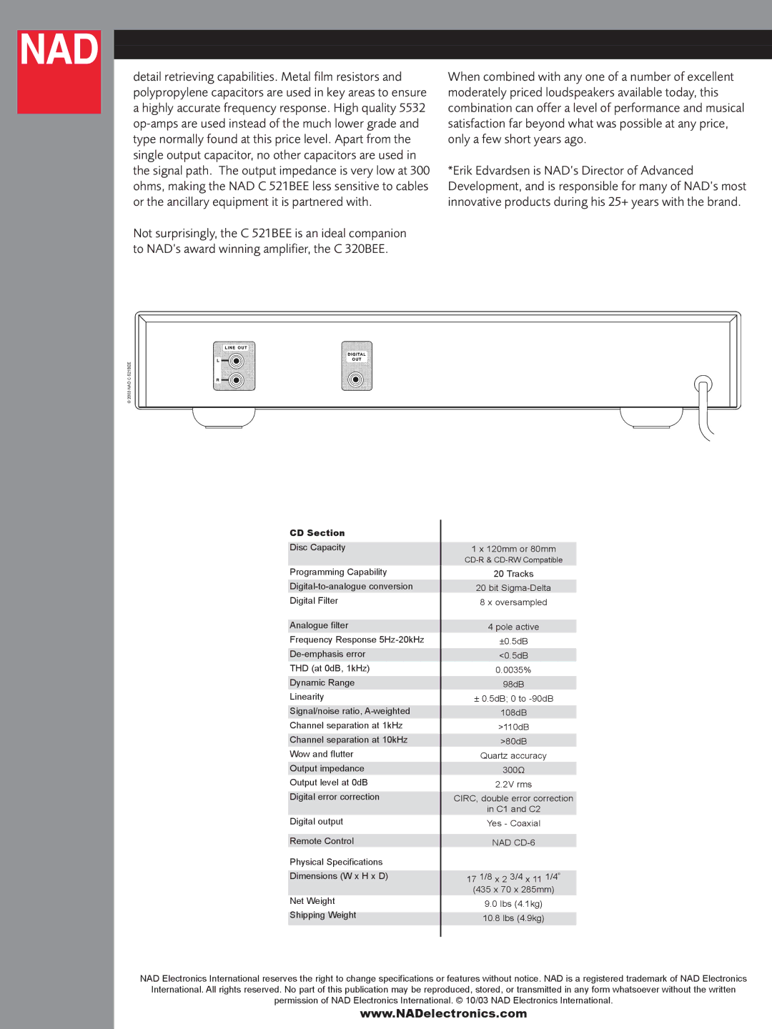 NAD C521BEE manual CD Section, NAD CD-6 