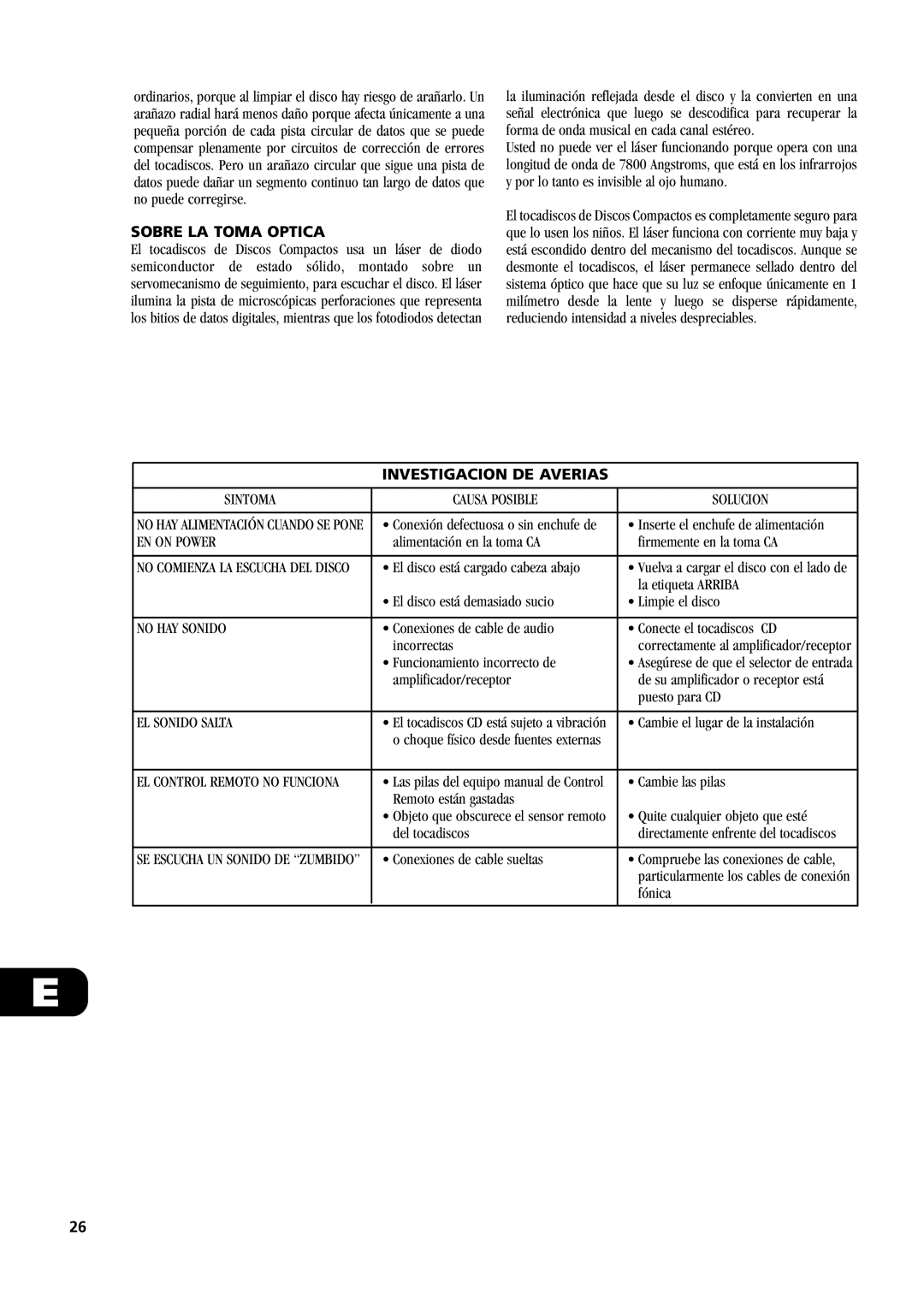 NAD C521i owner manual Sobre La Toma Optica, Investigacion De Averias 
