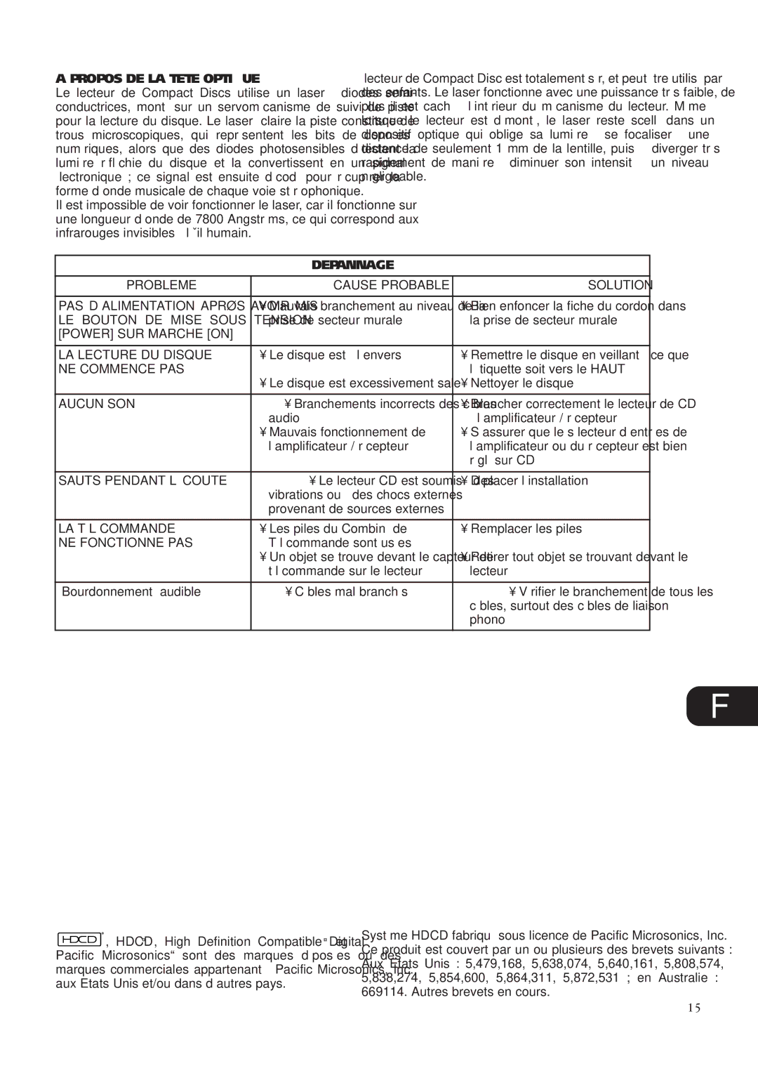 NAD C541 owner manual Propos DE LA Tete Optique, Depannage 