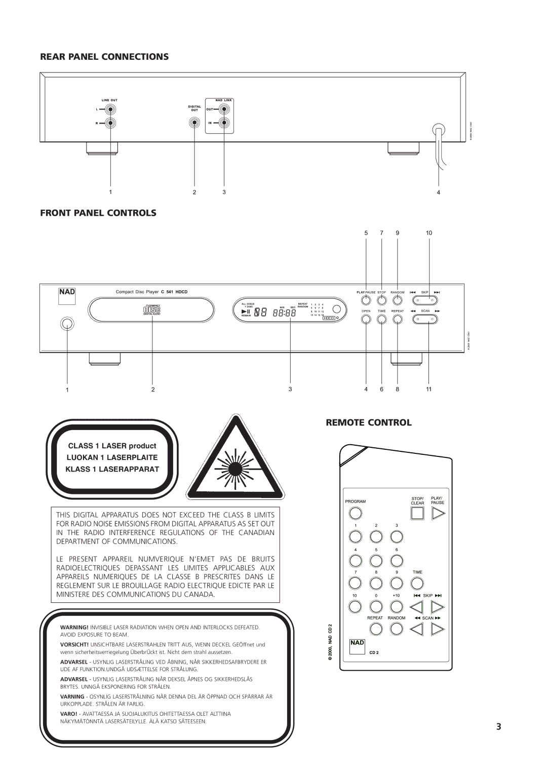 NAD C541 owner manual Rear Panel Connections Front Panel Controls Remote Control, Luokan 1 Laserplaite Klass 1 Laserapparat 