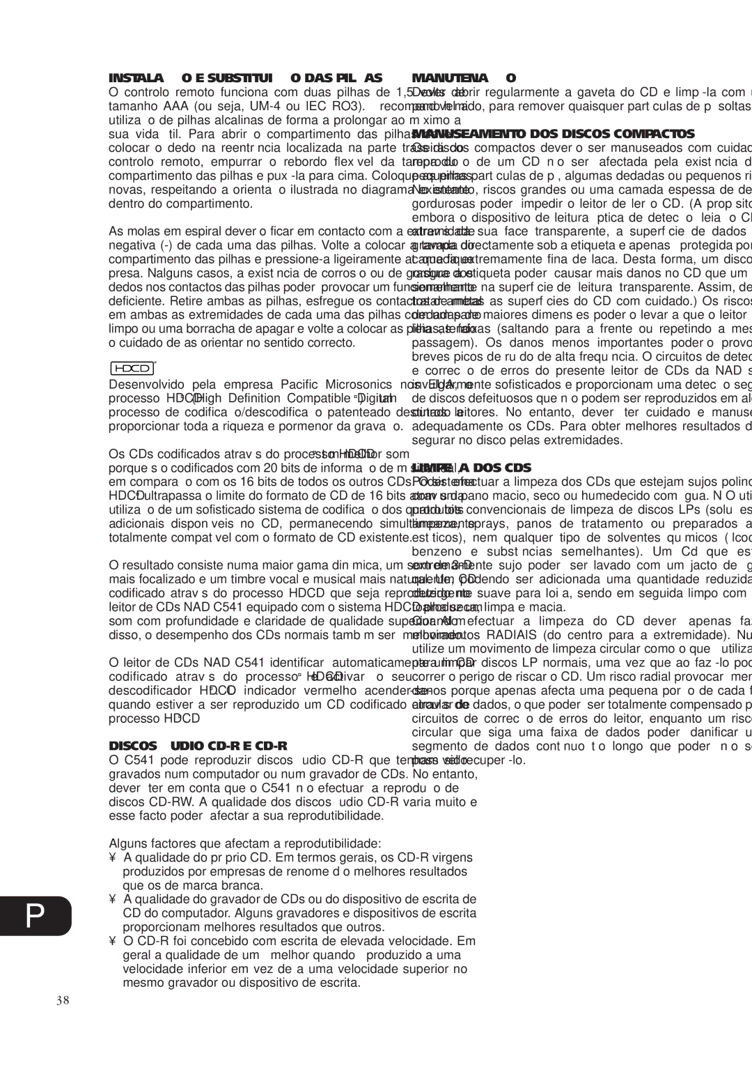 NAD C541 Instalação E Substituição DAS Pilhas, Discos Áudio CD-R E CD-RW, Proporcionam melhores resultados que outros 
