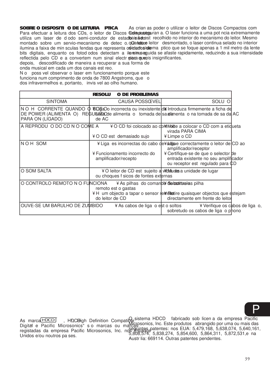 NAD C541 owner manual Resolução DE Problemas, Sintoma Causa Possível Solução, Para on Ligado, Não Há Som, SOM Salta 