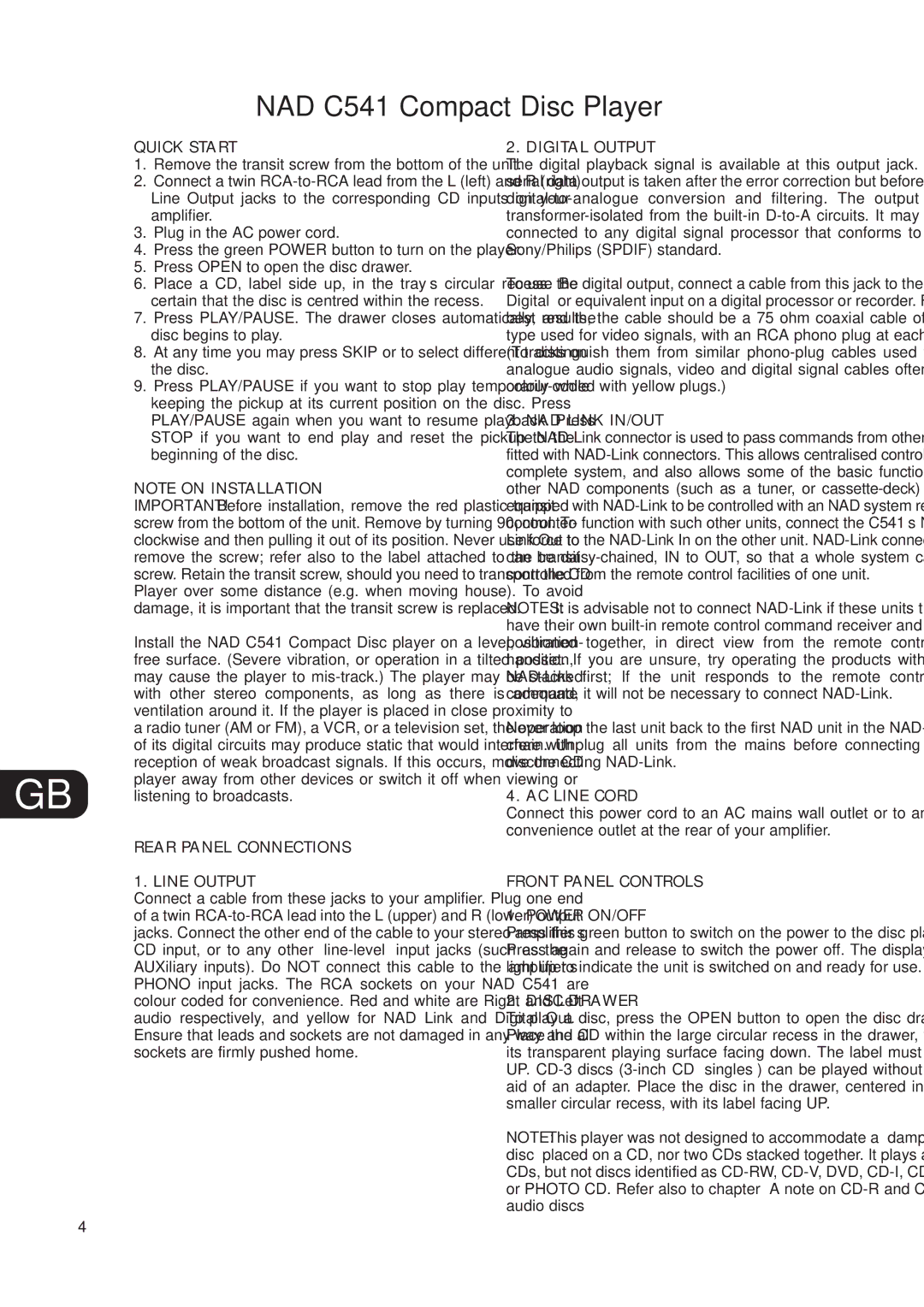 NAD C541 Quick Start, Rear Panel Connections, Line Output, Digital Output, NAD Link IN/OUT, AC Line Cord, Disc Drawer 