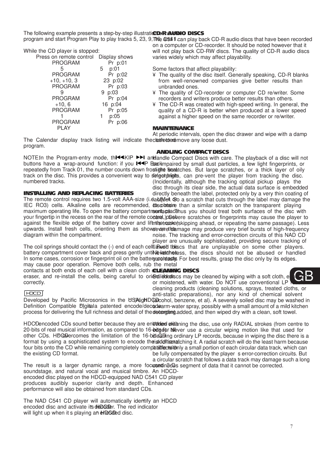 NAD C541 Installing and Replacing Batteries, CD-R Audio Discs, Maintenance, Handling Compact Discs, Cleaning Discs 