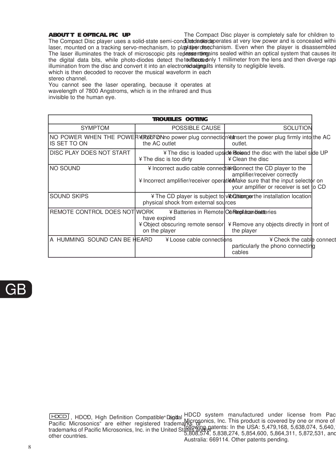 NAD C541 owner manual About the Optical Pickup, Troubleshooting 