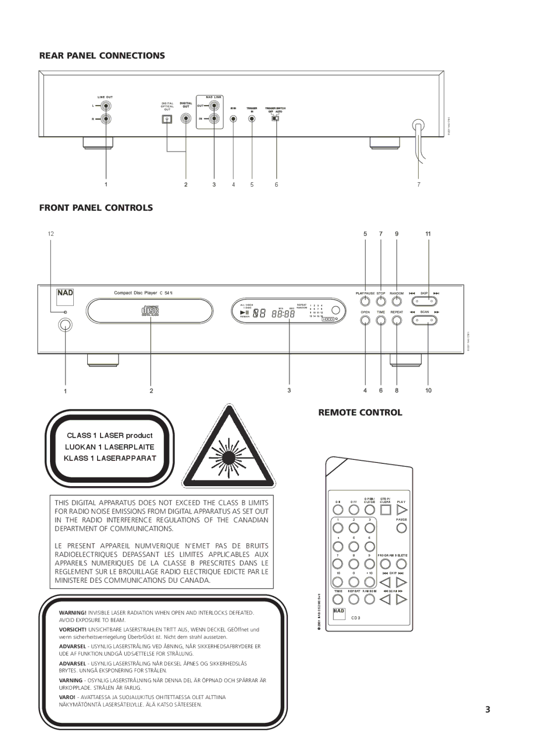 NAD C541i owner manual Rear Panel Connections, Front Panel Controls, Remote Control 