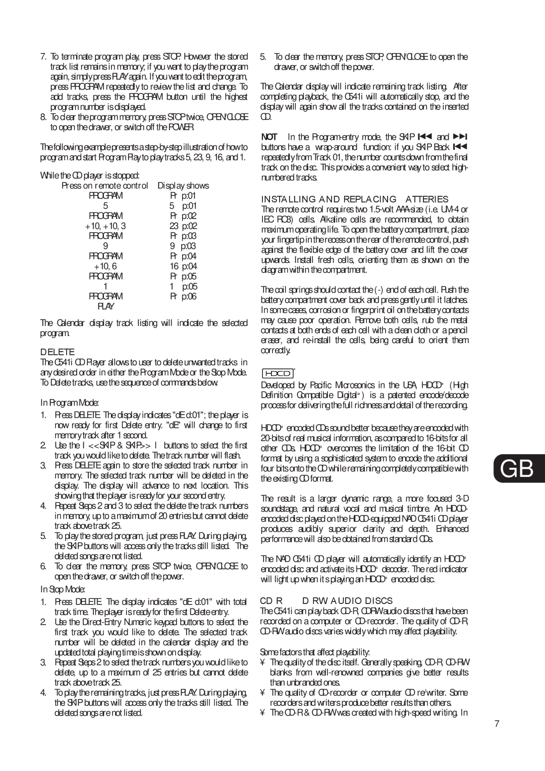 NAD C541i owner manual Delete, Installing and Replacing Batteries, CD-R & VD-RW Audio Discs 