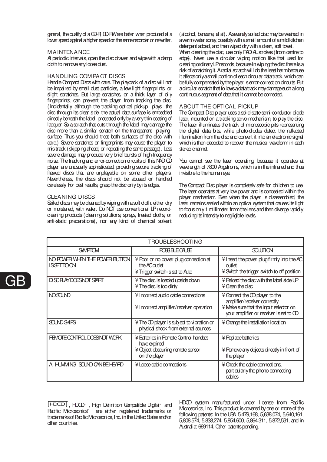 NAD C541i owner manual Maintenance, Handling Compact Discs, Cleaning Discs, About the Optical Pickup, Troubleshooting 