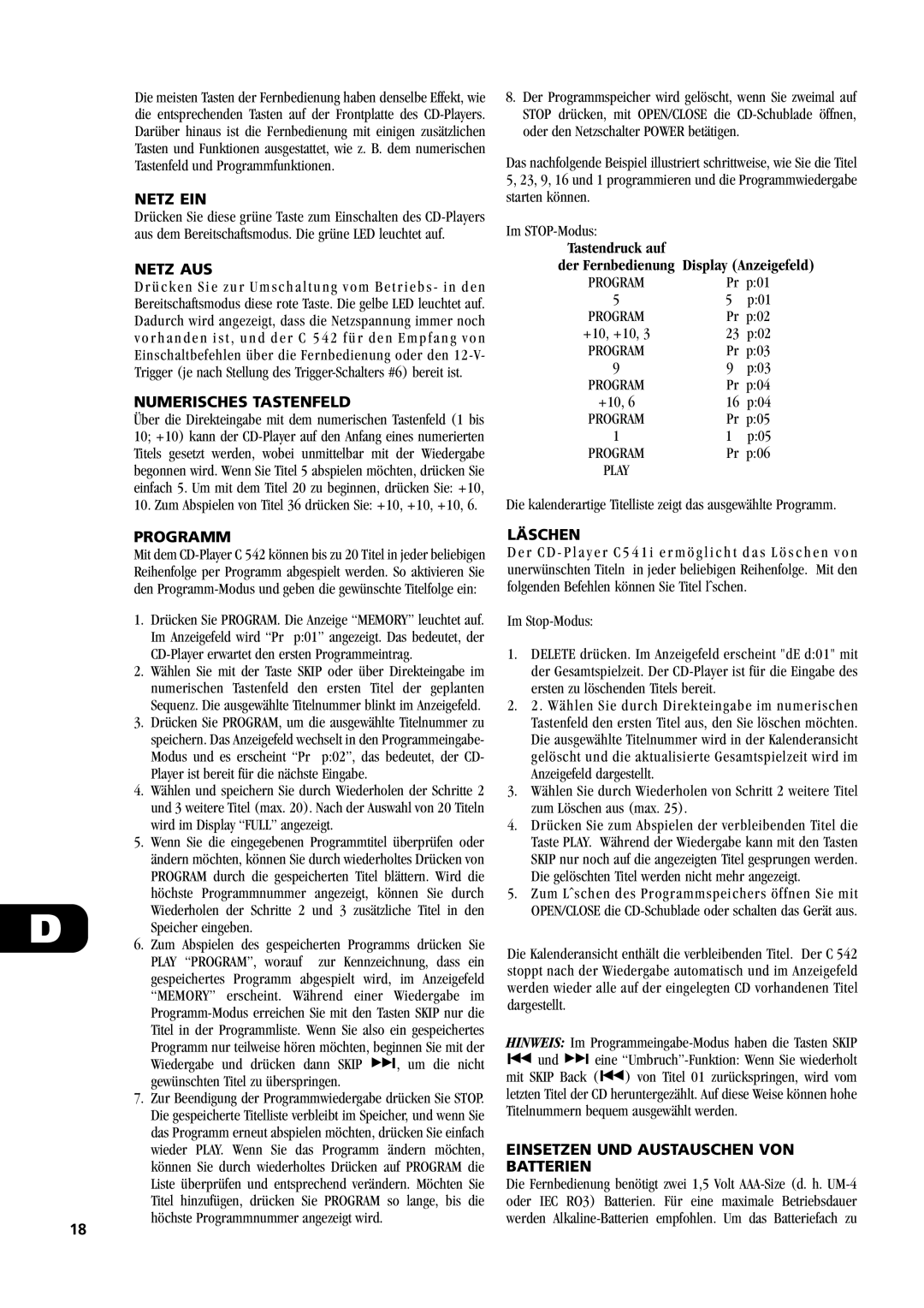 NAD C542 owner manual Netz EIN, Netz AUS, Numerisches Tastenfeld, Programm Läschen, UND Austauschen VON 