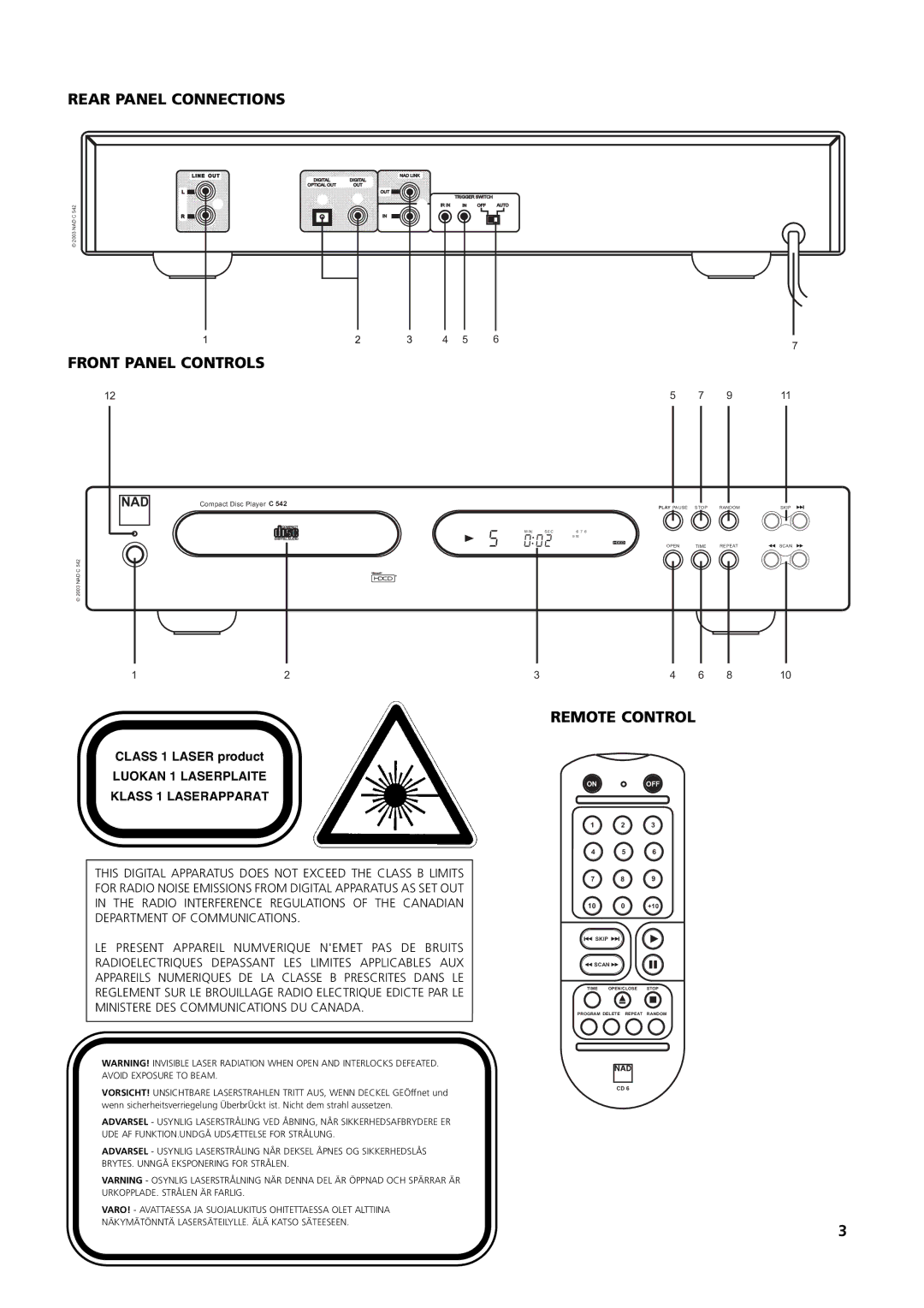 NAD C542 owner manual Rear Panel Connections, Front Panel Controls, Remote Control 