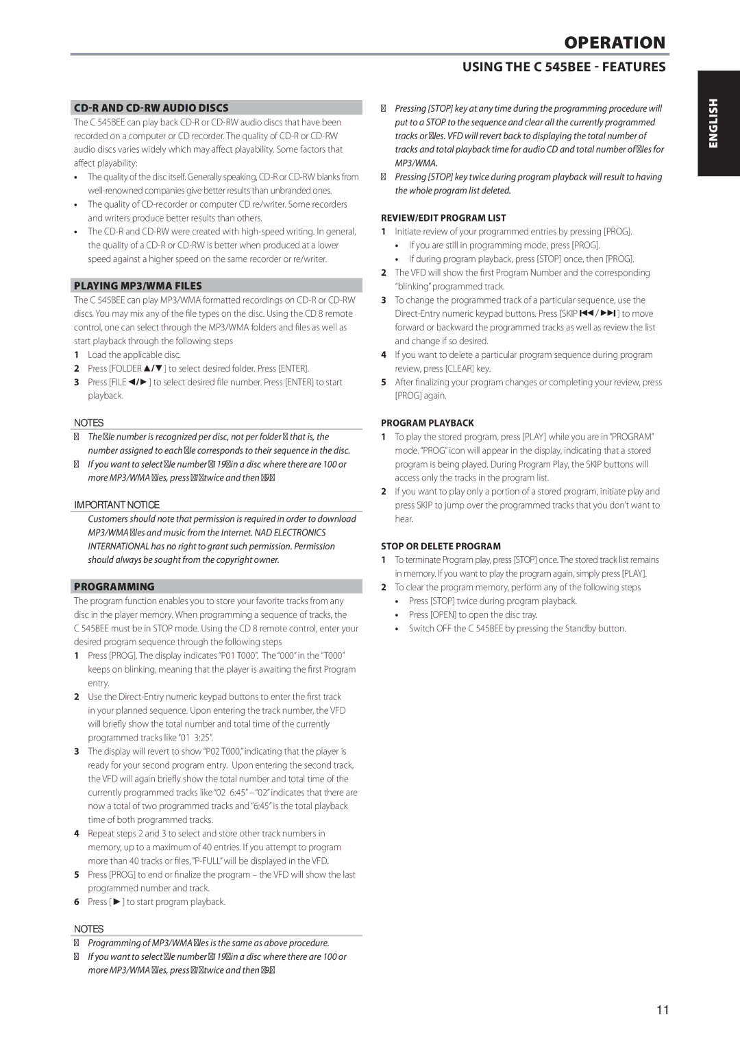 NAD C545BEE Operation, Using the C 545BEE Features, CD-R and CD-RW Audio Discs, Playing MP3/WMA Files, Programming 