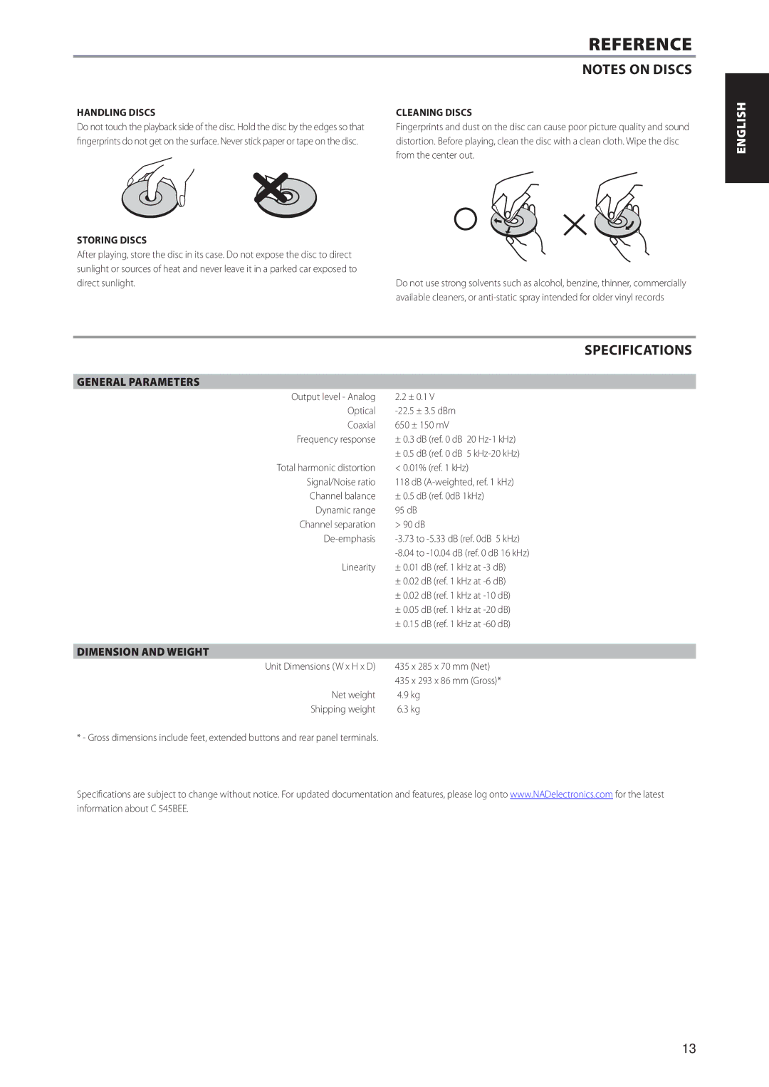 NAD C545BEE owner manual Specifications, General Parameters, Dimension and Weight 