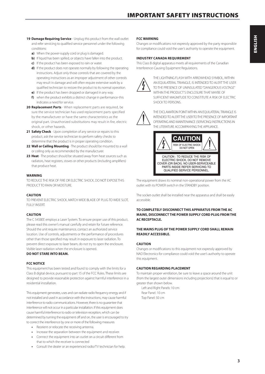 NAD C545BEE owner manual If the product has been exposed to rain or water, Do not Stare Into Beam FCC Notice, FCC Warning 