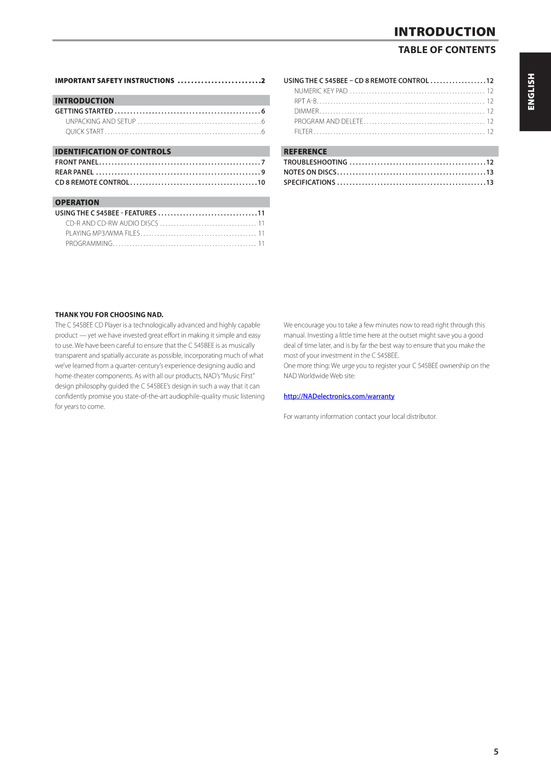 NAD C545BEE owner manual Introduction, Table of Contents 