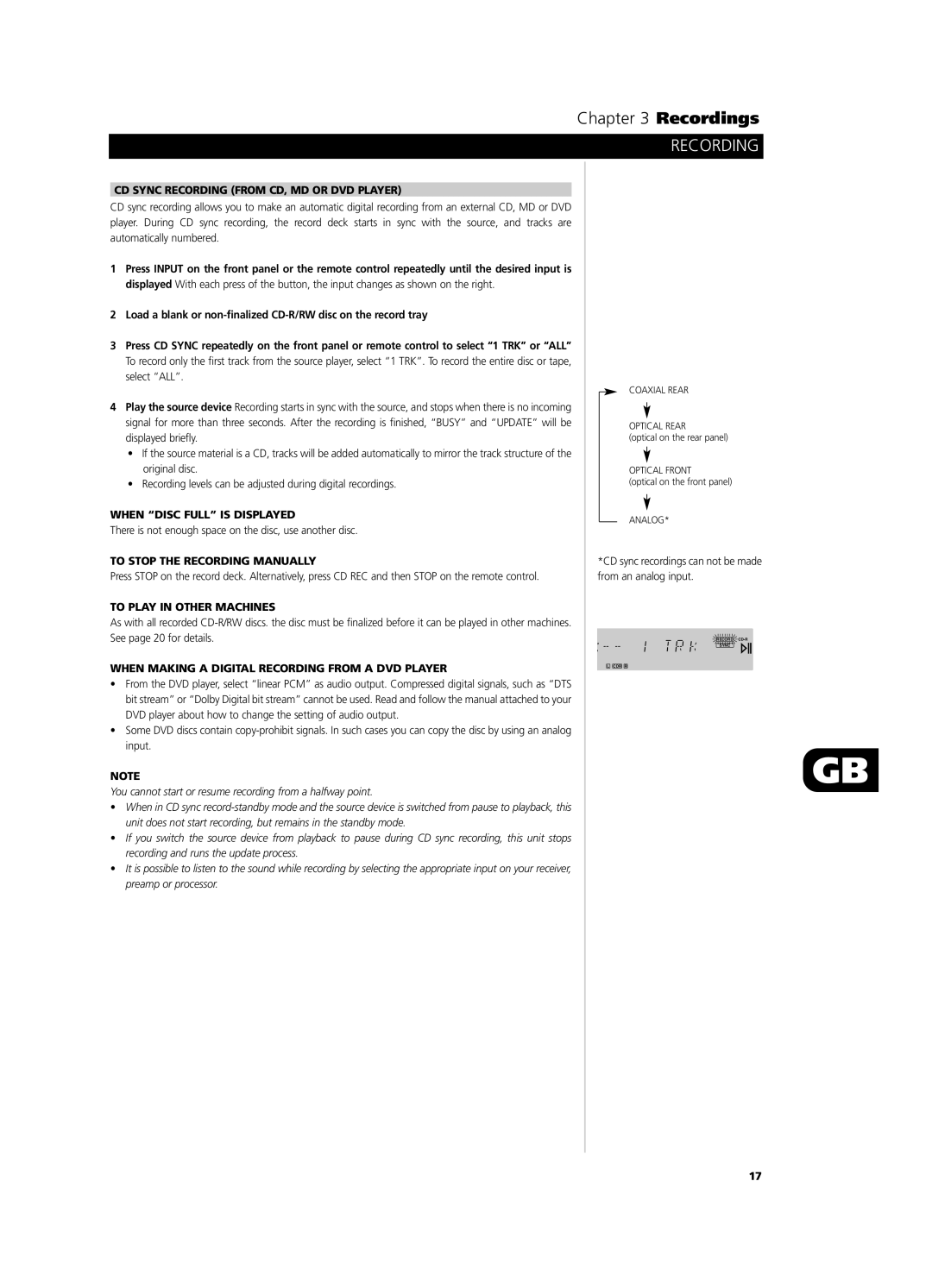 NAD C660 CD Sync Recording from CD, MD or DVD Player, When Disc Full is Displayed, To Stop the Recording Manually 