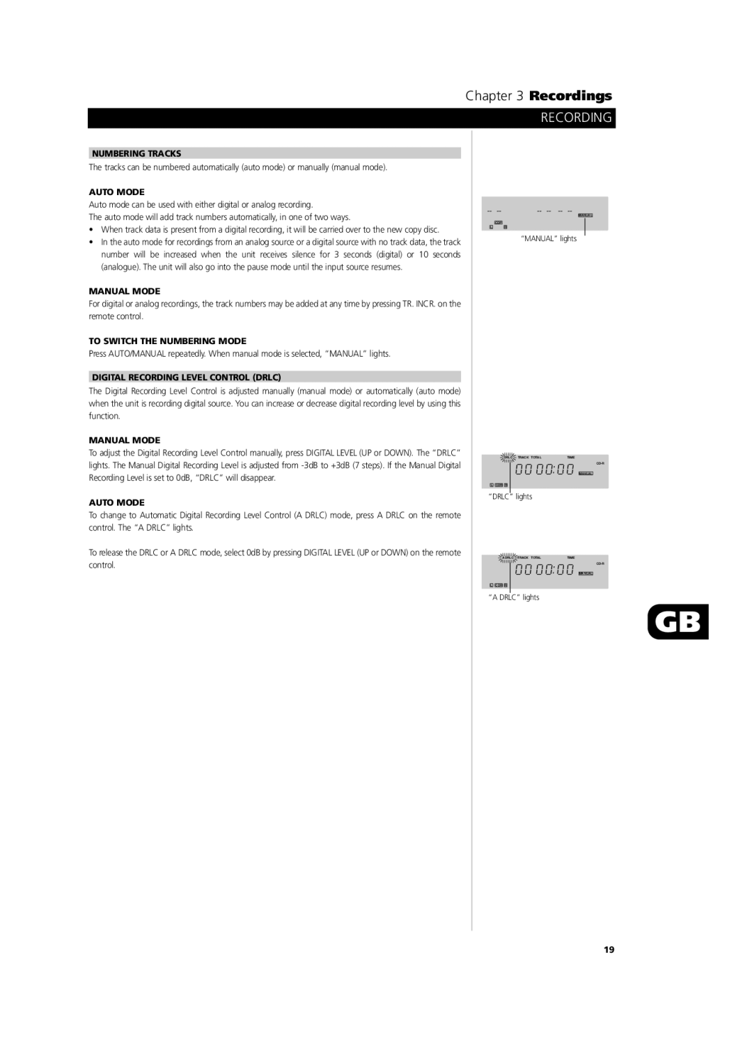 NAD C660 Numbering Tracks, Auto Mode, Manual Mode, To Switch the Numbering Mode, Digital Recording Level Control Drlc 