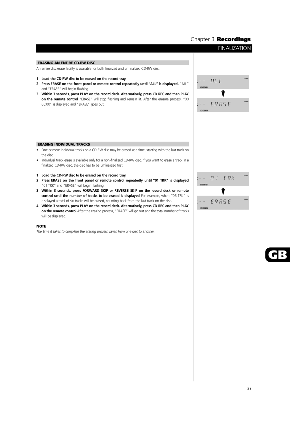 NAD C660 owner manual Erasing AN Entire CD-RW Disc, Erasing Individual Tracks 