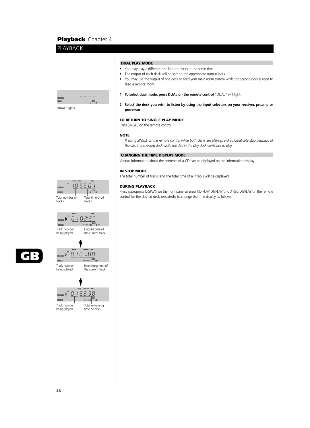 NAD C660 Dual Play Mode, To Return to Single Play Mode, Changing the Time Display Mode, Stop Mode, During Playback 