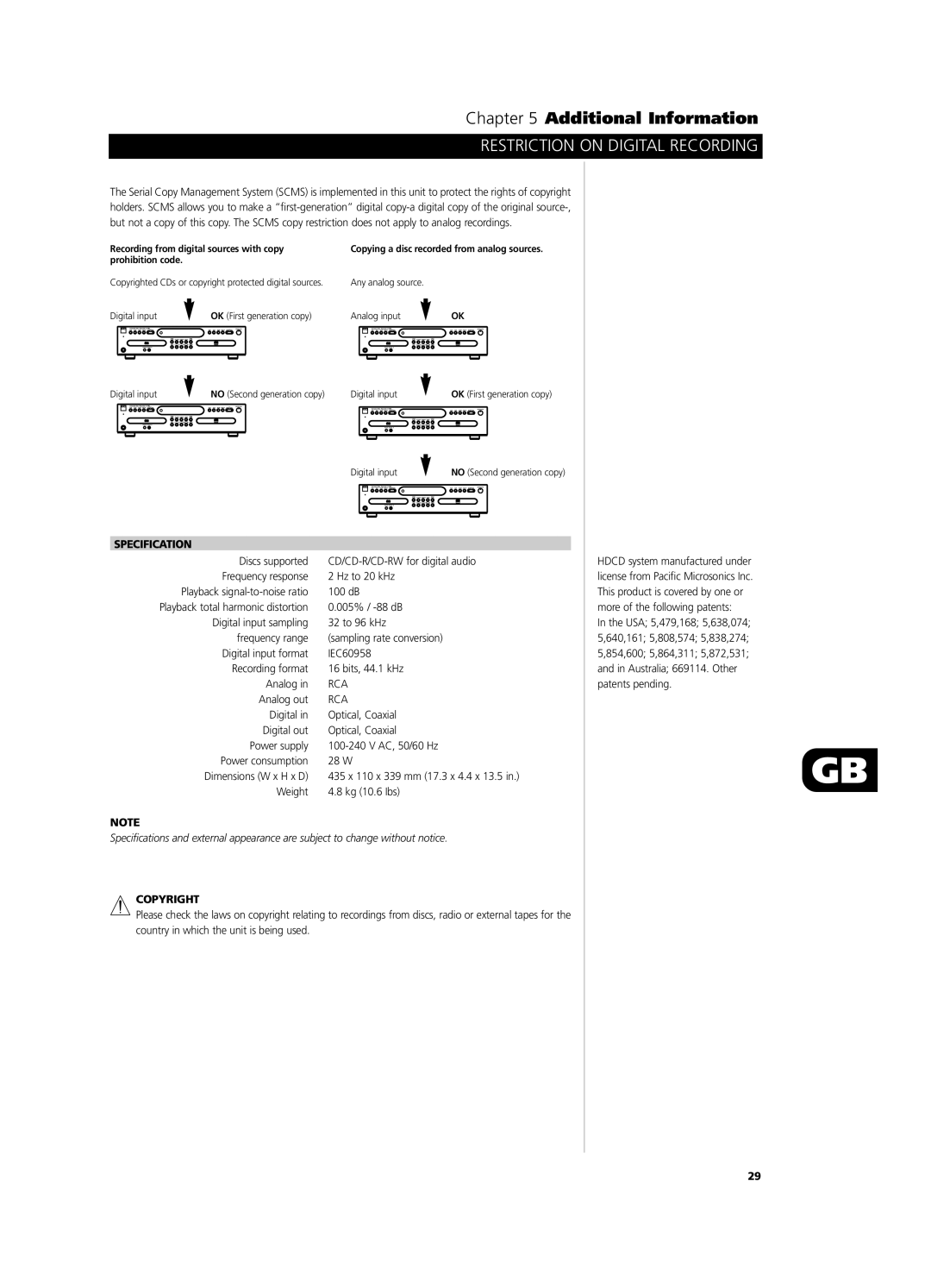 NAD C660 owner manual Restriction on Digital Recording, Specification, Analog out, Copyright 