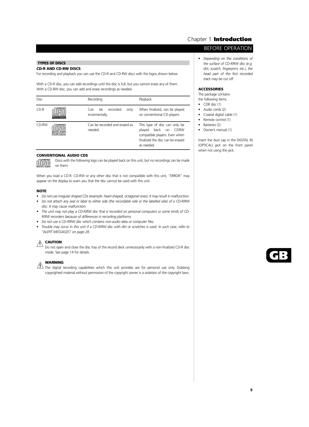 NAD C660 owner manual Before Operation, Types of Discs CD-R and CD-RW Discs, Conventional Audio CDS, Accessories 