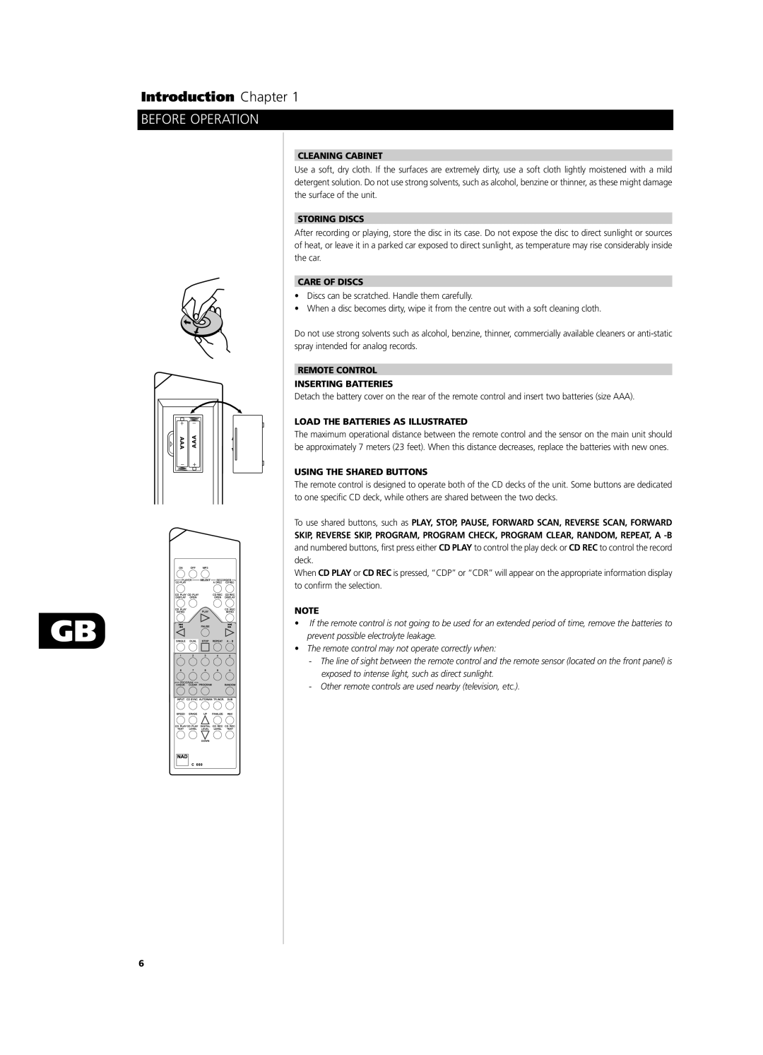 NAD C660 Cleaning Cabinet, Storing Discs, Care of Discs, Remote Control Inserting Batteries, Using the Shared Buttons 