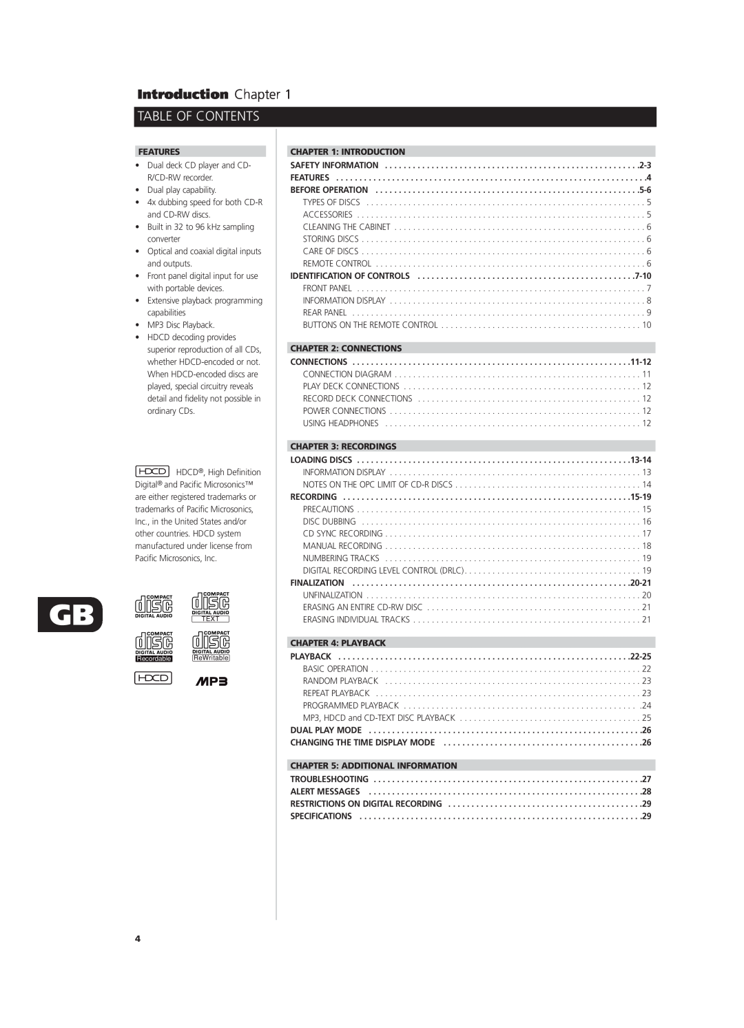 NAD C660 owner manual Table Of Contents, Features, Introduction, Connections, Recordings, Playback, Additional Information 