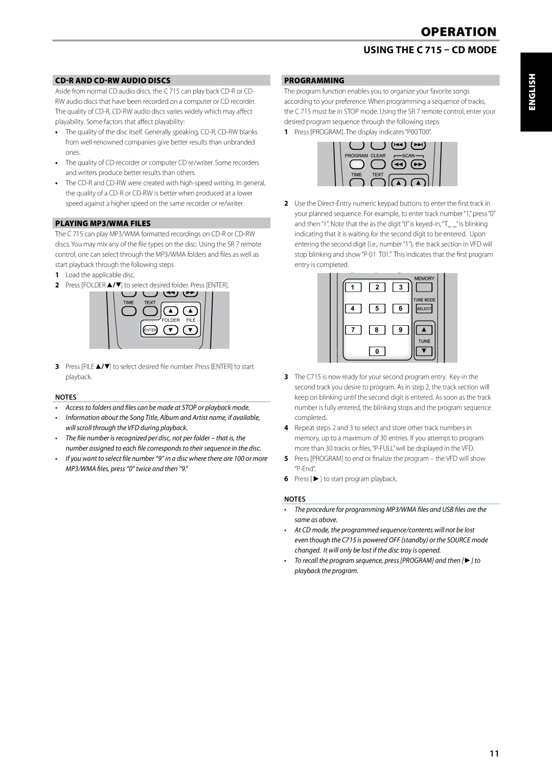 NAD C715 DAB owner manual Operation, Playing MP3/WMA Files, Programming, Press PROGRAM. The display indicates P00 T00 