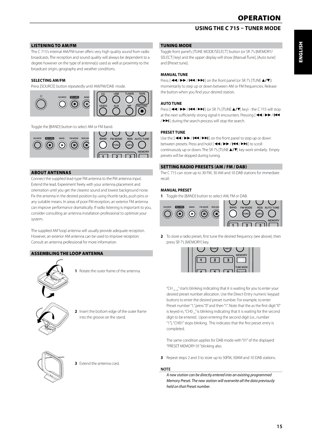 NAD C715 DAB owner manual Italiano Deutsch, Svenska Nederlands Русский, Assembling the Loop Antenna, Manual Preset 