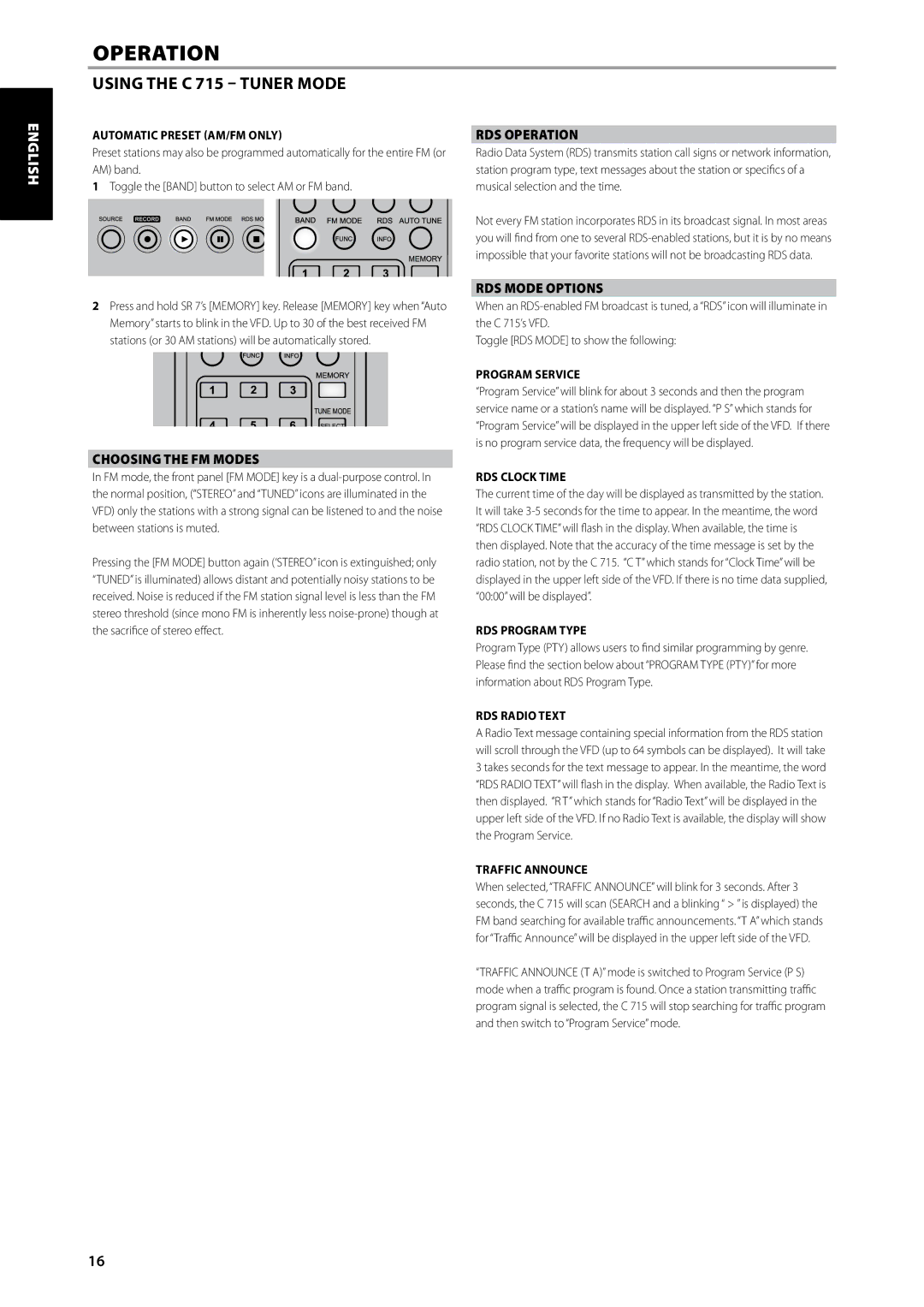 NAD C715 DAB owner manual Italiano Deutsch Nederlands Svenska Русский, RDS Operation, RDS Mode Options 