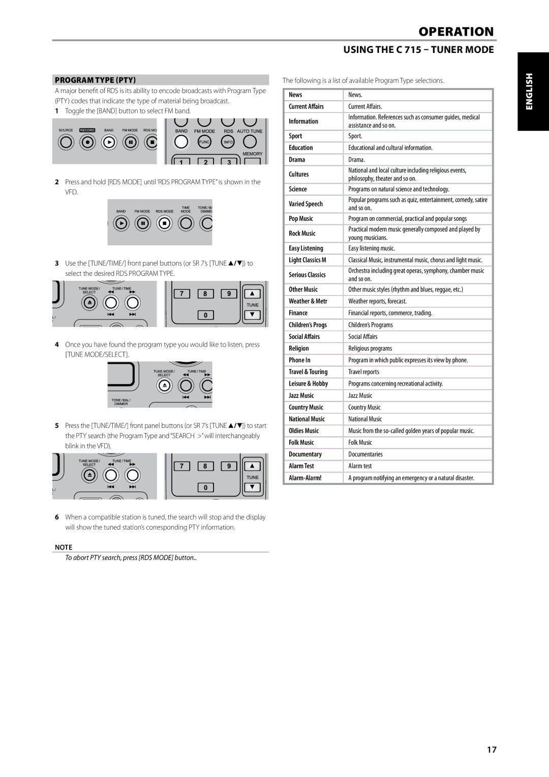 NAD C715 DAB owner manual Program Type PTY 