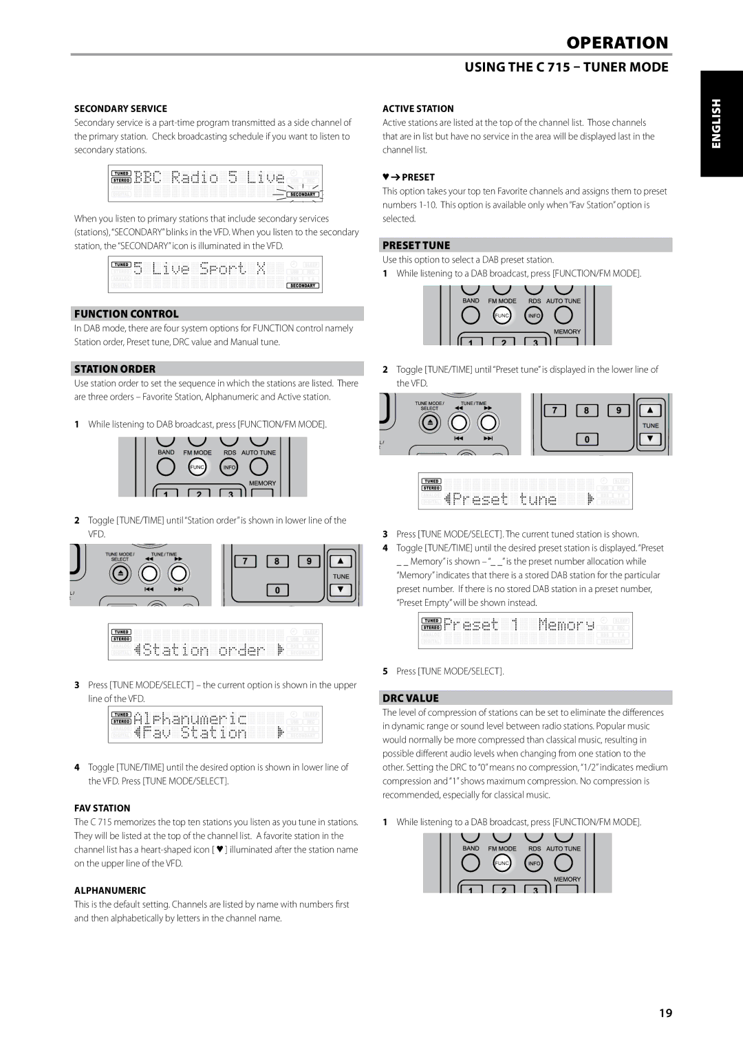 NAD C715 DAB owner manual Español Italiano Deutsch, Preset Tune, Function Control, Station Order, DRC Value 