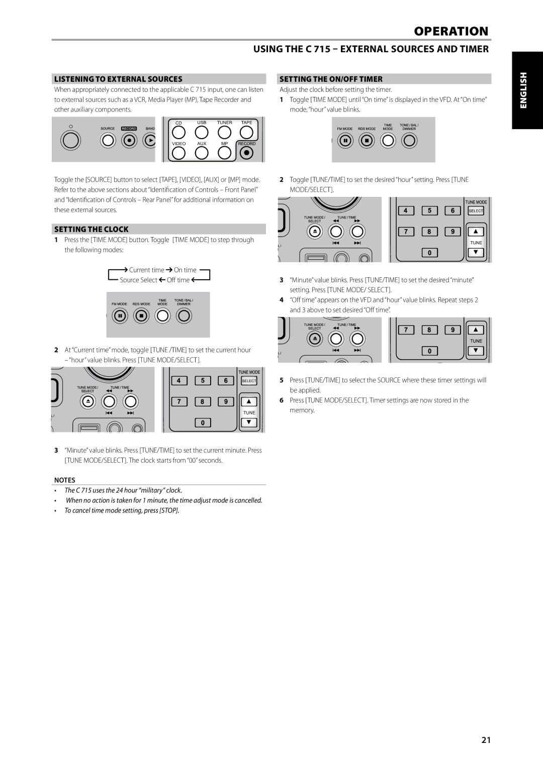 NAD C715 DAB owner manual English, Setting the ON/OFF Timer, Setting the Clock 