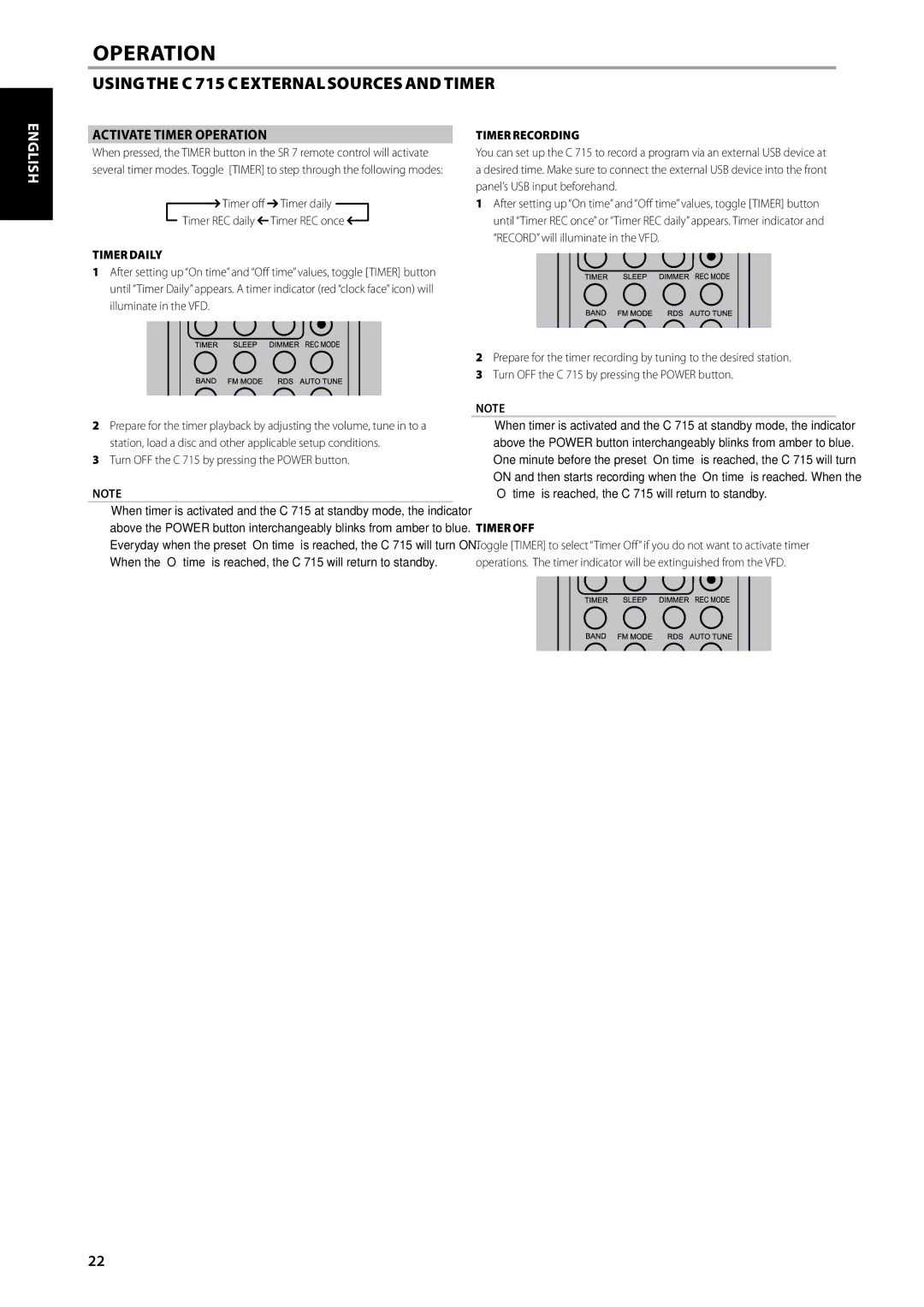 NAD C715 DAB owner manual Activate Timer Operation, Timer Daily, Timer Recording, Timer OFF 