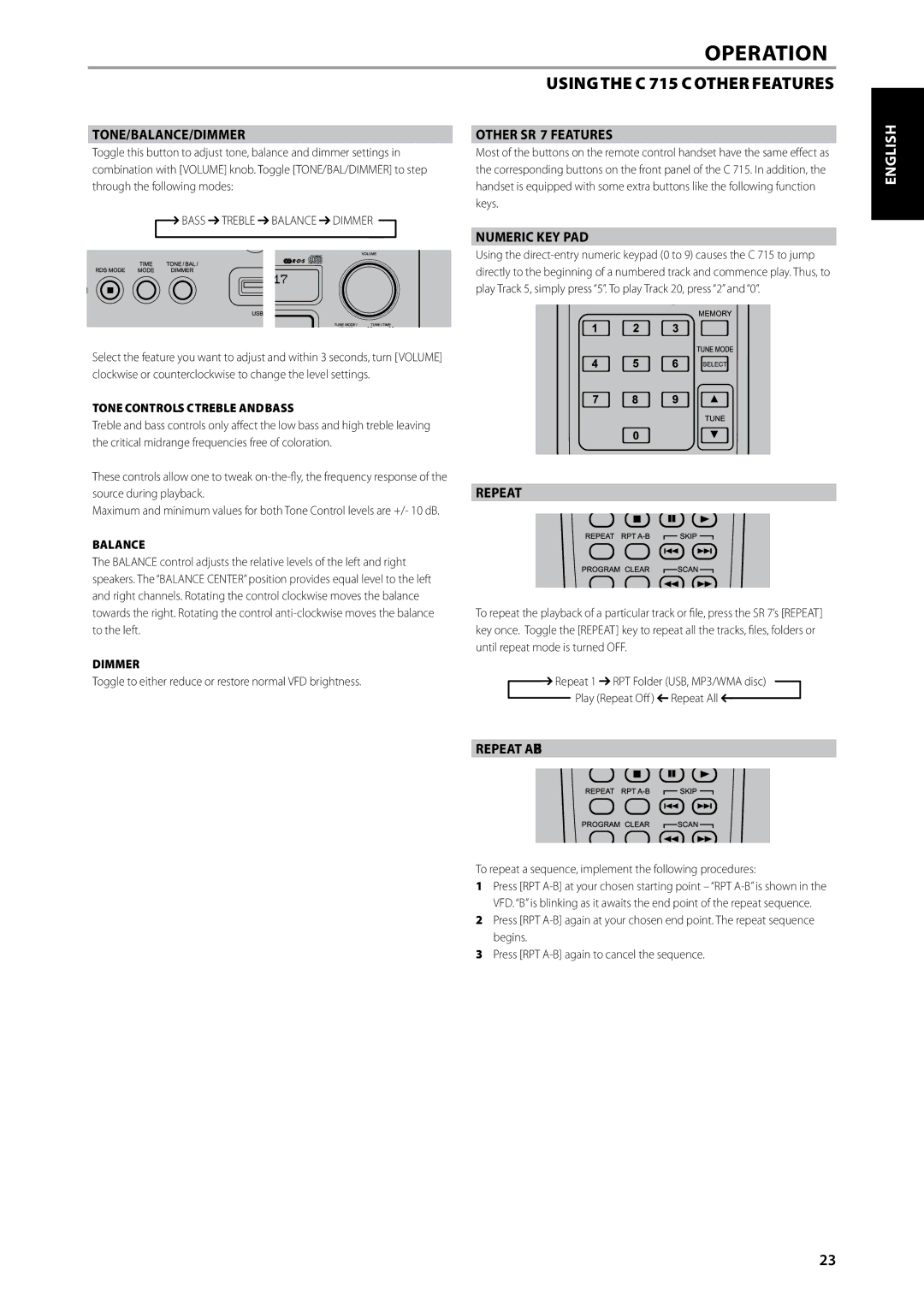 NAD C715 DAB owner manual Using the C 715 Other Features, Français Español Italiano Deutsch 