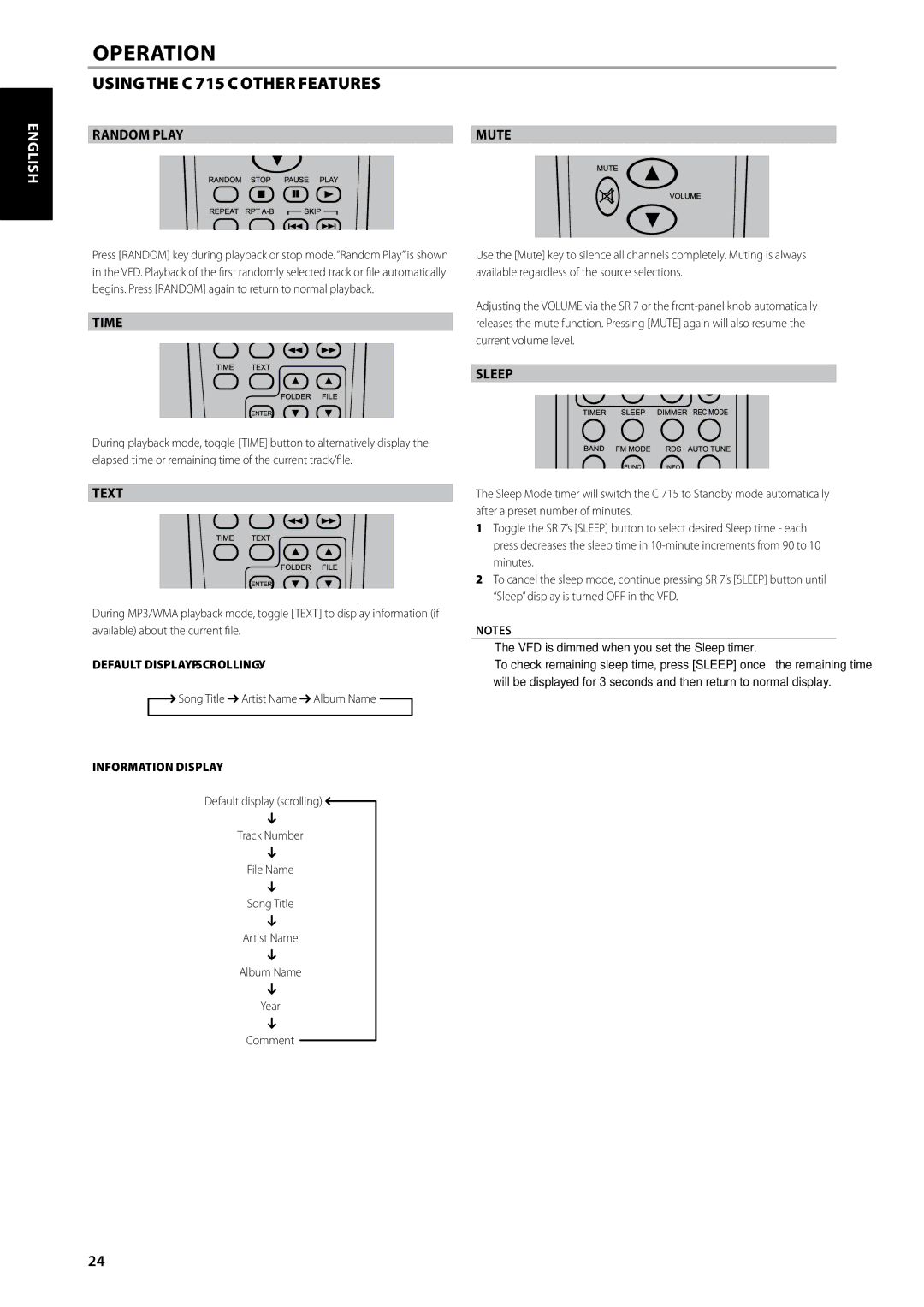 NAD C715 DAB owner manual Random Play, Time, Text, Sleep, Mute 