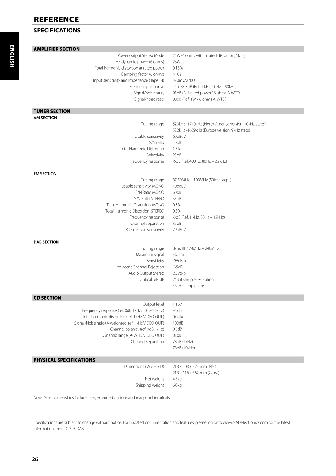 NAD C715 DAB owner manual Tuner Section, CD Section, Physical Specifications 