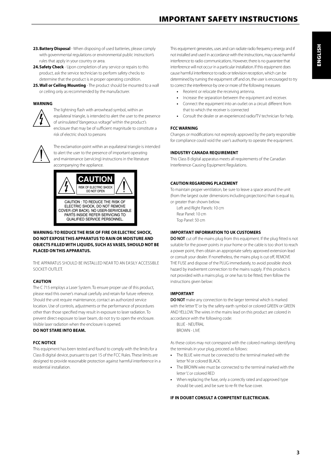 NAD C715 DAB owner manual Do not Stare Into Beam FCC Notice, FCC Warning, Industry Canada Requirement 