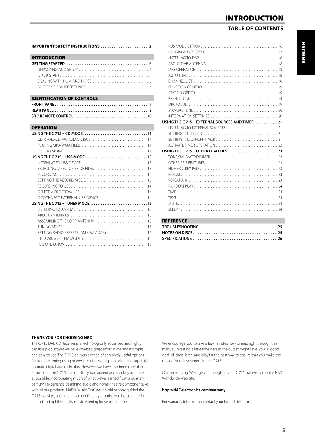 NAD C715 DAB owner manual Introduction, Table of Contents 