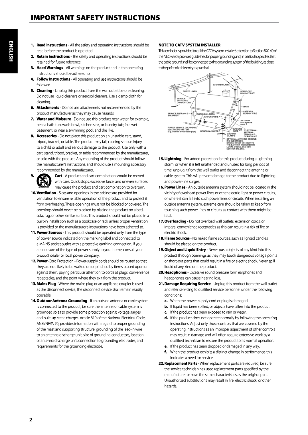 NAD C715 DAB owner manual Important Safety Instructions, Deutsch Nederlands Svenska Русский, Note To Catv System Installer 
