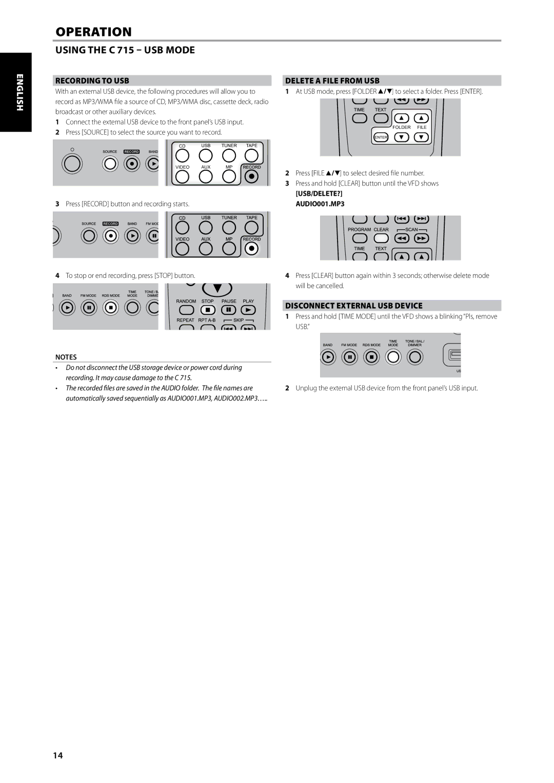 NAD C715 Recording to USB Delete a File from USB, Disconnect External USB Device, Press File, Usb/Delete?, AUDIO001.MP3 