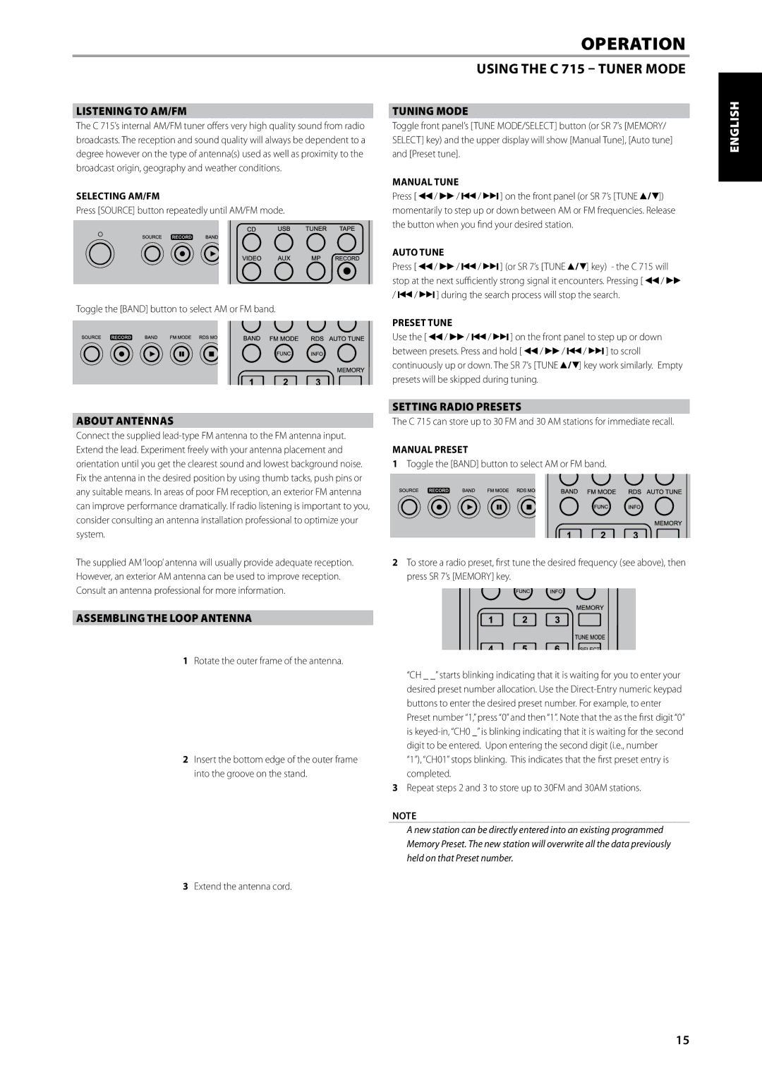 NAD C715 Listening to AM/FM Tuning Mode, About Antennas, Assembling the Loop Antenna, Setting Radio Presets, Manual Preset 