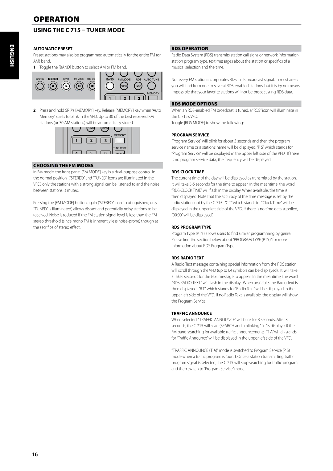 NAD C715 Using the C 715 Tuner mode, Italiano Deutsch Nederlands Svenska Русский, Choosing the FM Modes, RDS Operation 